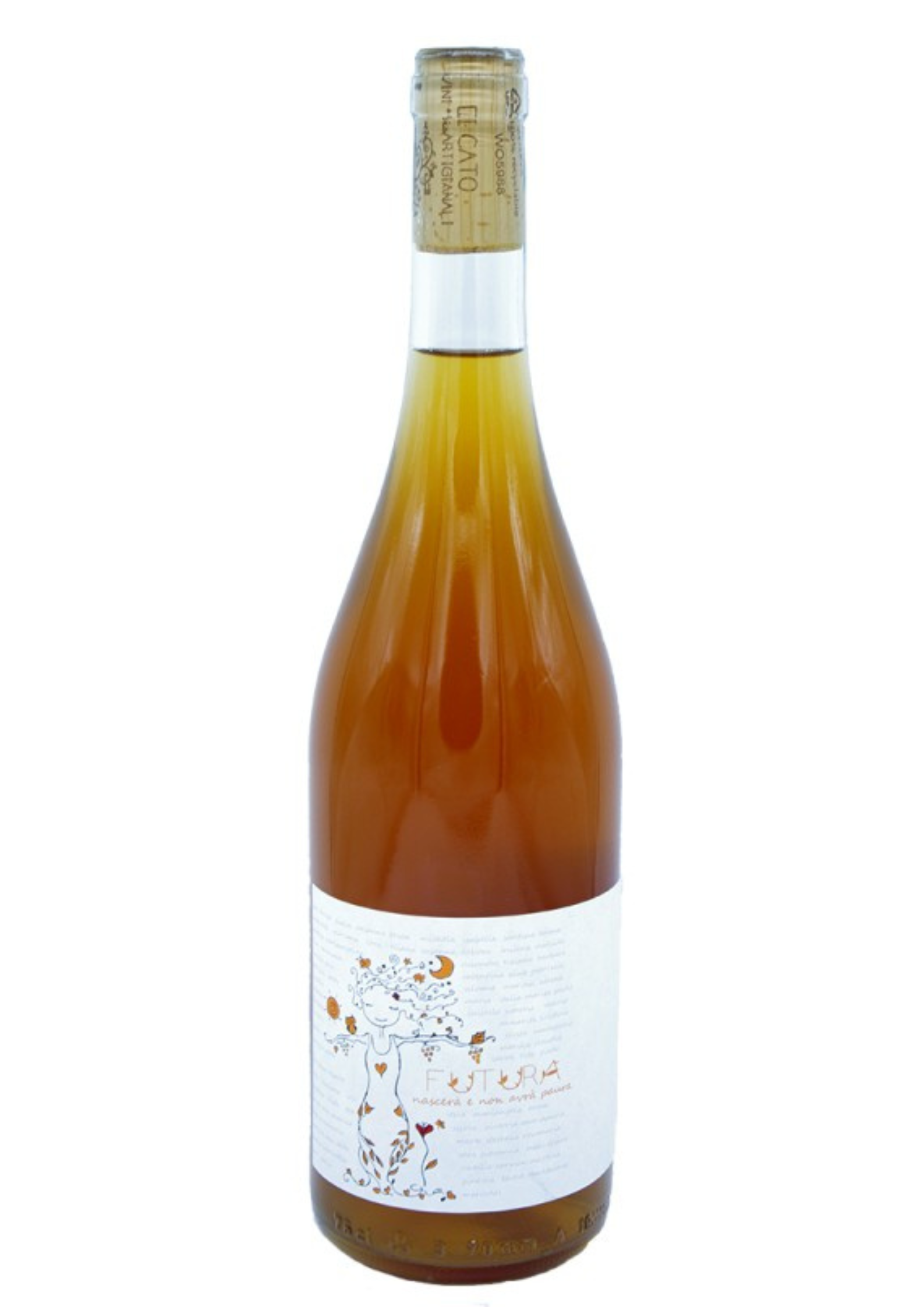Bottiglia di vino arancione "Futura" con etichetta bianca illustrata a mano raffigurante una figura stilizzata con rami, foglie e cuori ed i nomi delle persone importanti per Maria Paola.