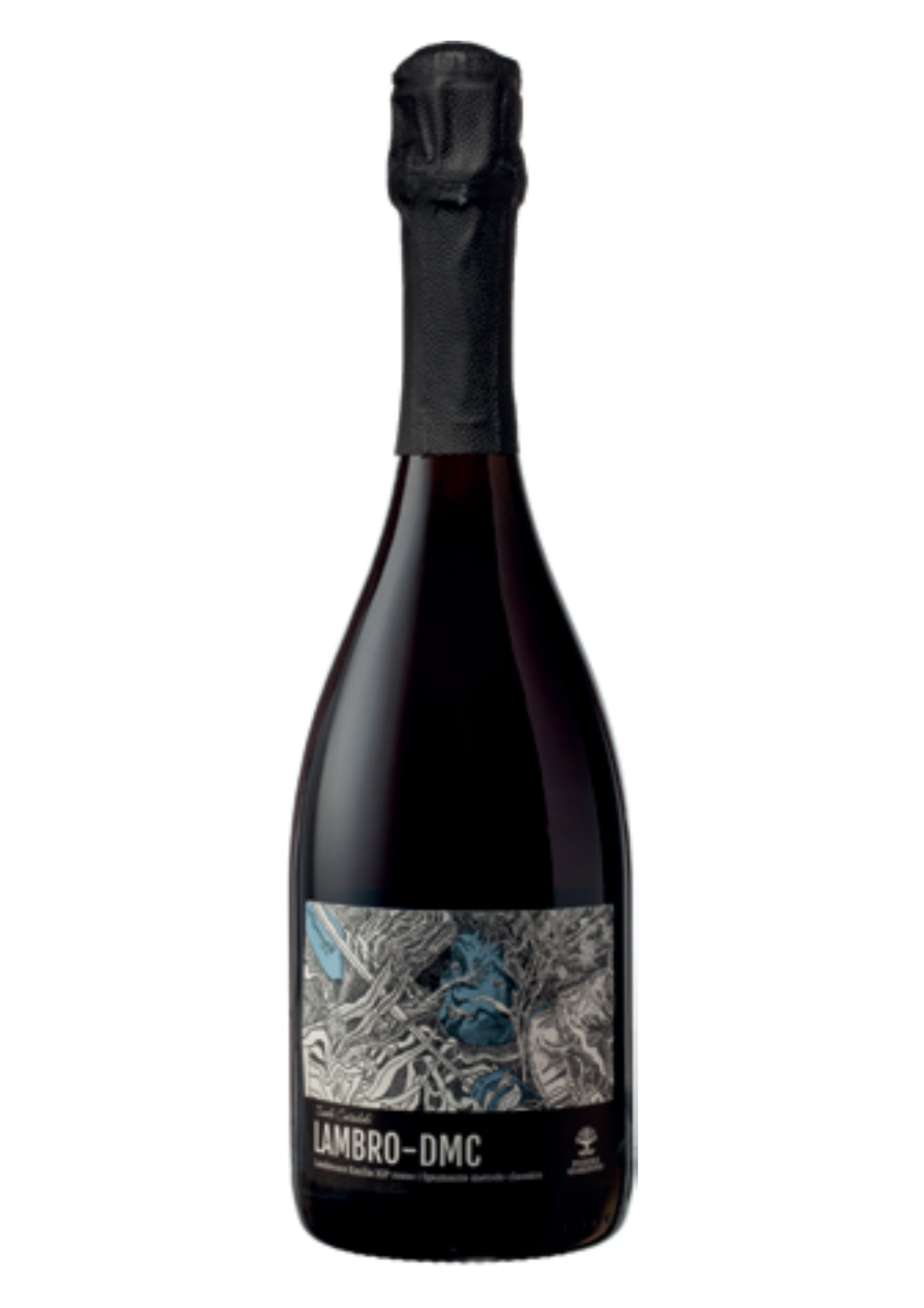 Bottiglia di Lambrusco "Lambro-DMC" di Podere Giardino, capsula nera, etichetta grigio scuro con illustrazione intrecciata in bianco e azzurro.