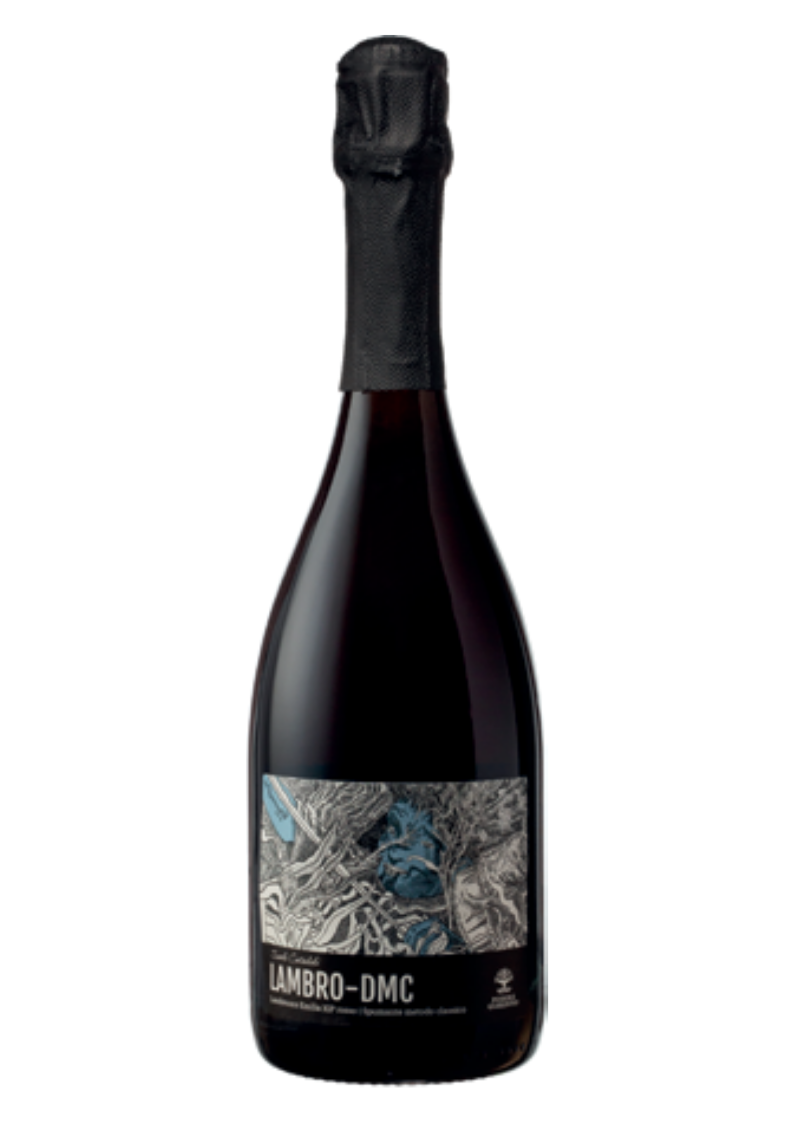 Bottiglia di Lambrusco "Lambro-DMC" di Podere Giardino, capsula nera, etichetta grigio scuro con illustrazione intrecciata in bianco e azzurro.