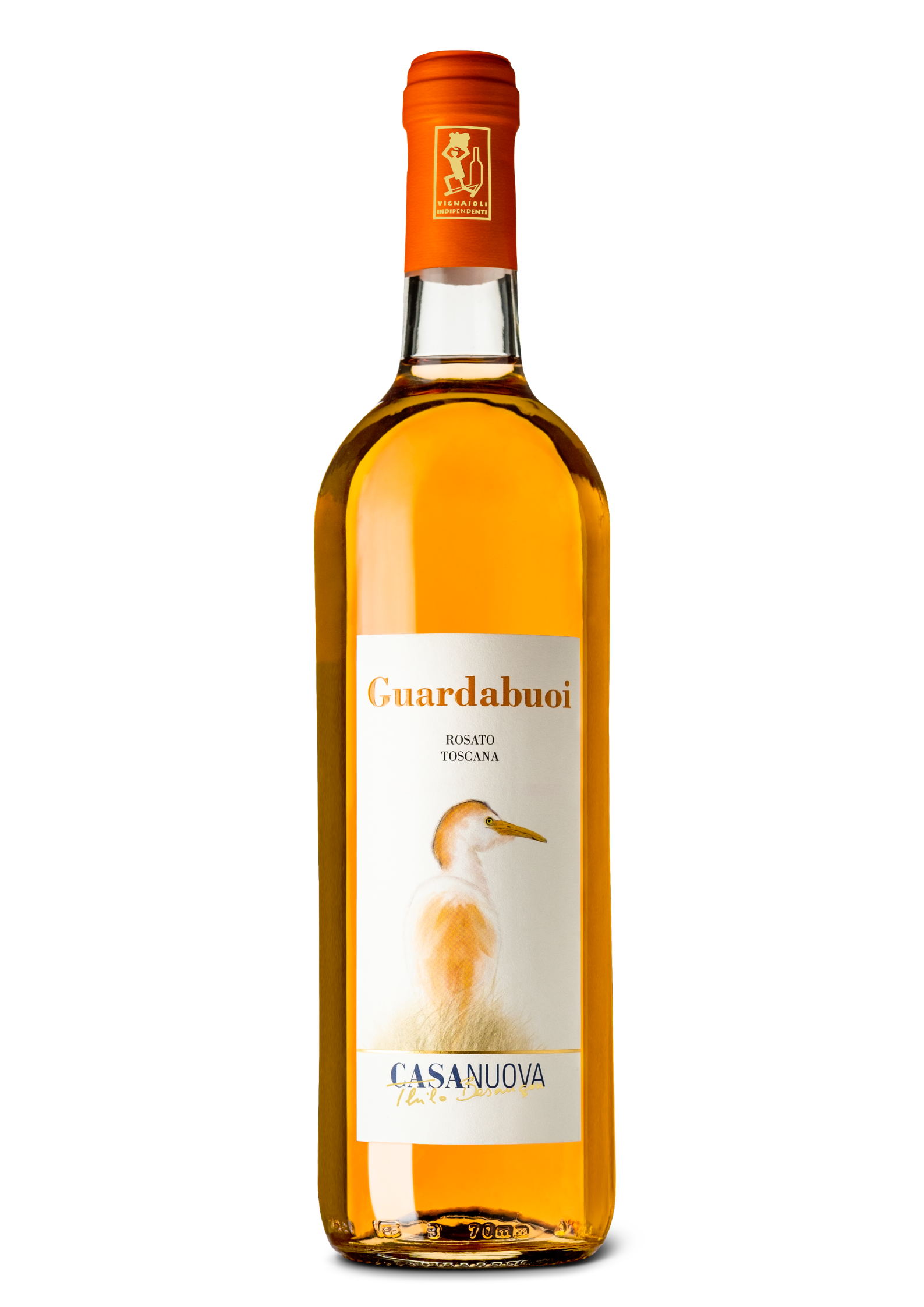 Bottiglia di vino rosato "Guardabuoi" Toscana di Casanuova (Thilo Besançon), capsula arancione con logo Vignaioli Indipendenti, etichetta bianca con illustrazione di un airone guardabuoi.