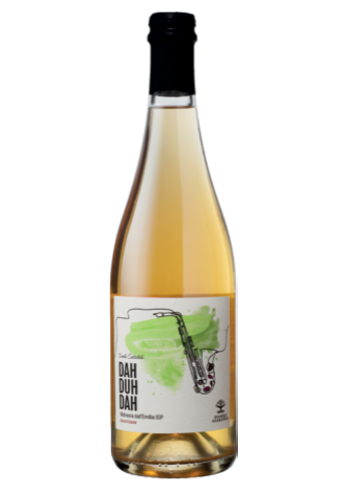 Bottiglia di vino bianco "Dah Duh Dah" di Podere Giardino, Malvasia dell'Emilia IGP, etichetta bianca con illustrazione di un sassofono su sfondo pennellato verde.