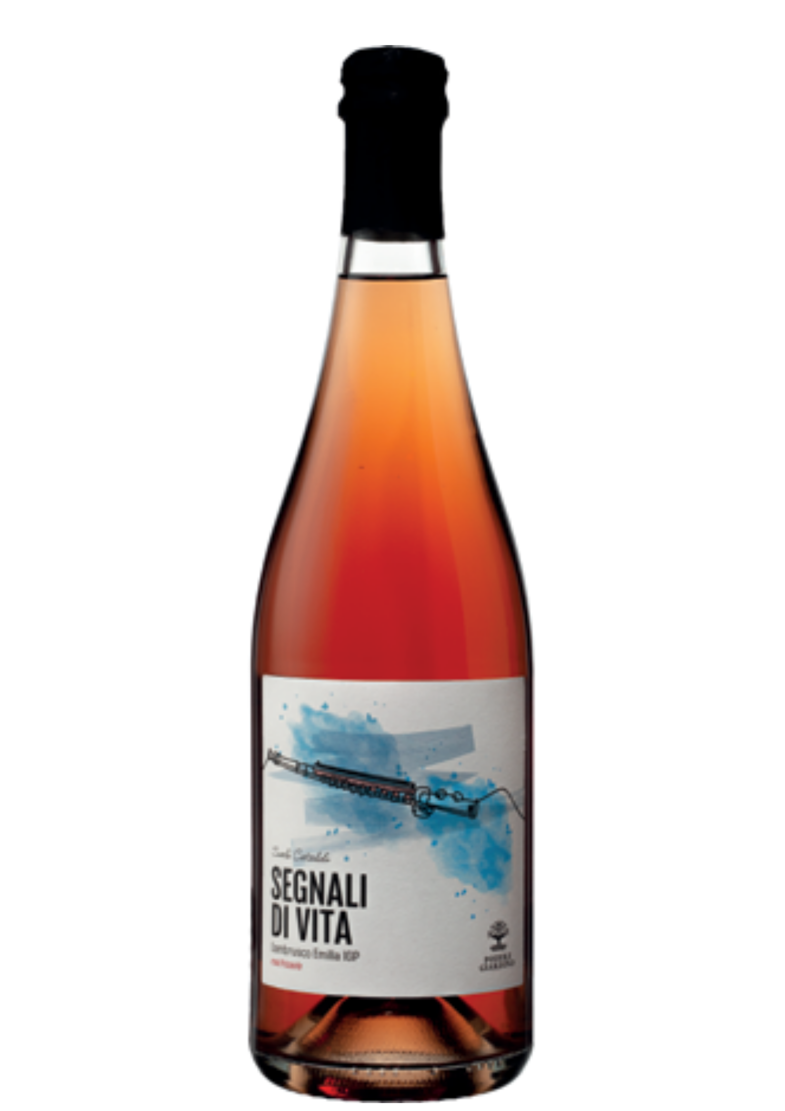 Bottiglia di vino rosato "Segnali Di Vita" di Podere Giardino, Sangiovese Emilia IGP, etichetta bianca con illustrazione di uno strumento su sfondo pennellato azzurro.