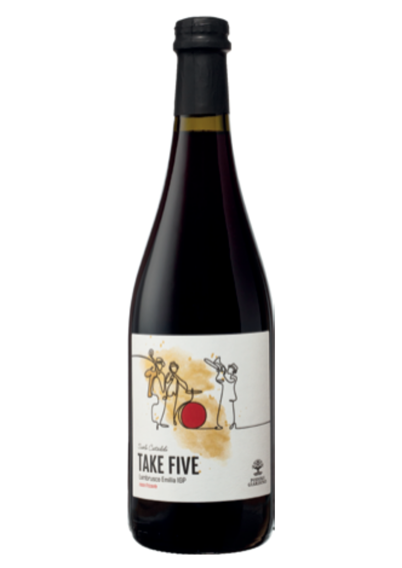 Bottiglia di vino rosso "Take Five" di Podere Giardino, Lambrusco Emilia IGP, capsula con fascetta dorata, etichetta bianca con illustrazione stilizzata di musicisti jazz.