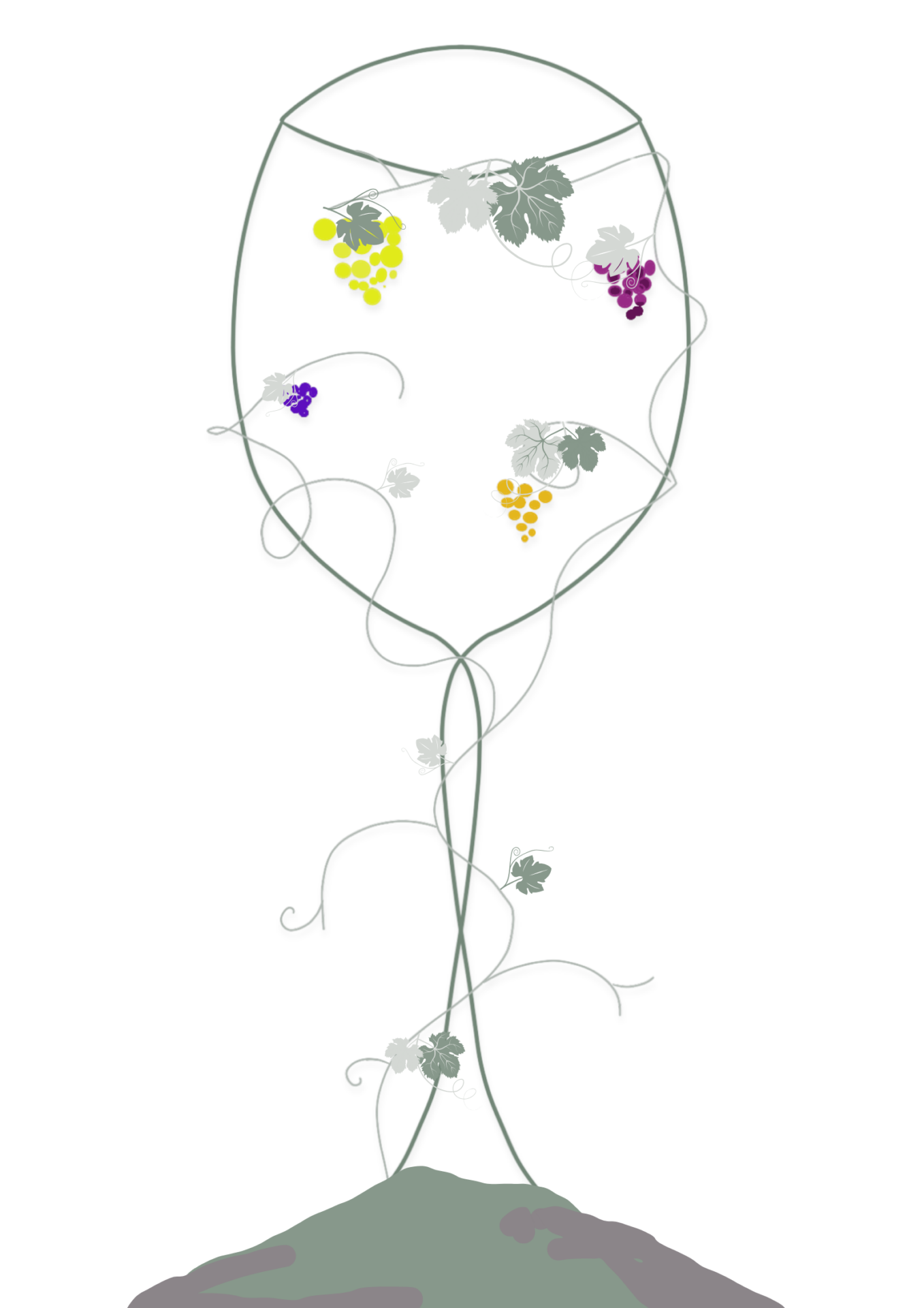 Illustration representing Trellising, an empty glass of wine that grows from the soil. Vines are growing on the glass, where several grapes are growed on it