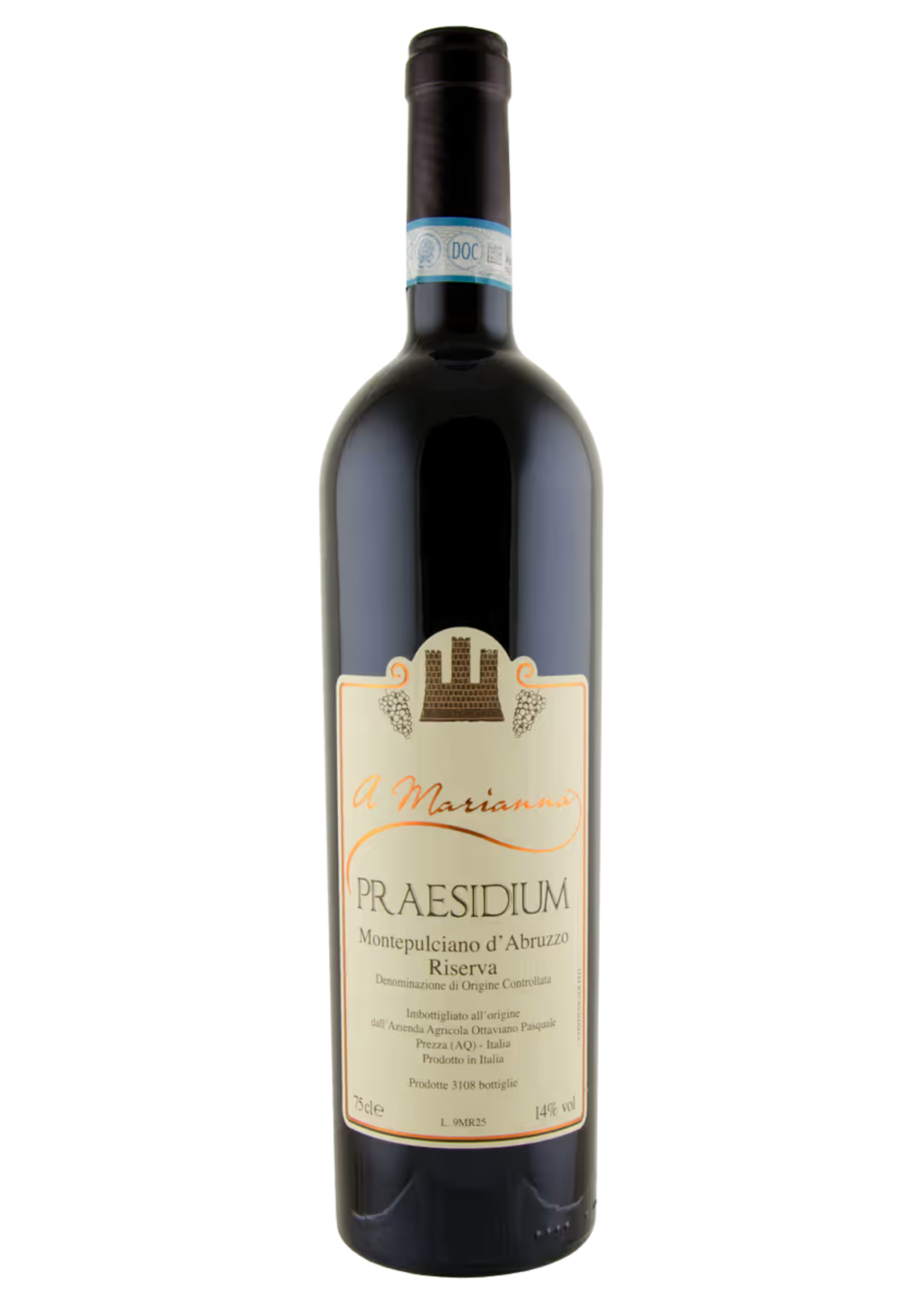 Bottiglia di vino rosso "A Marianna" Praesidium, Montepulciano d'Abruzzo Riserva DOC, capsula scura con fascetta blu, etichetta color avorio con stemma a torri e cornice arancione.