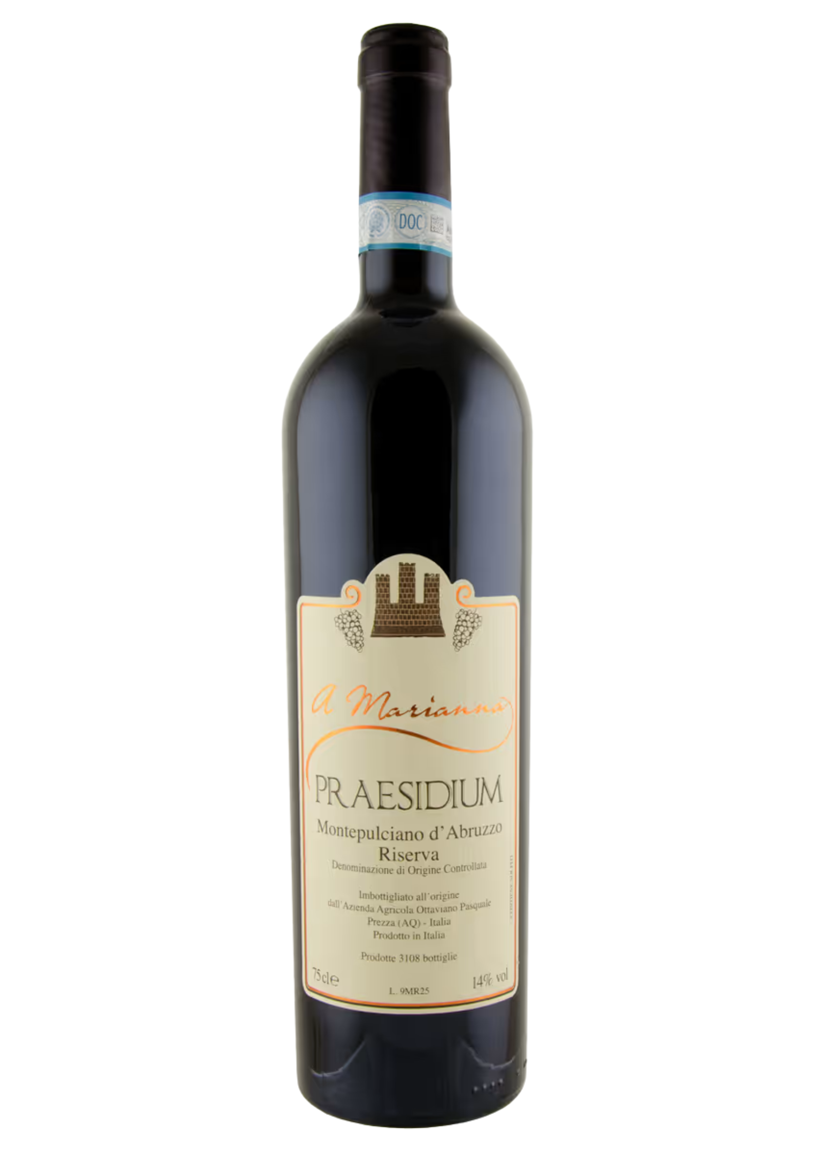 Bottiglia di vino rosso "A Marianna" Praesidium, Montepulciano d'Abruzzo Riserva DOC, capsula scura con fascetta blu, etichetta color avorio con stemma a torri e cornice arancione.
