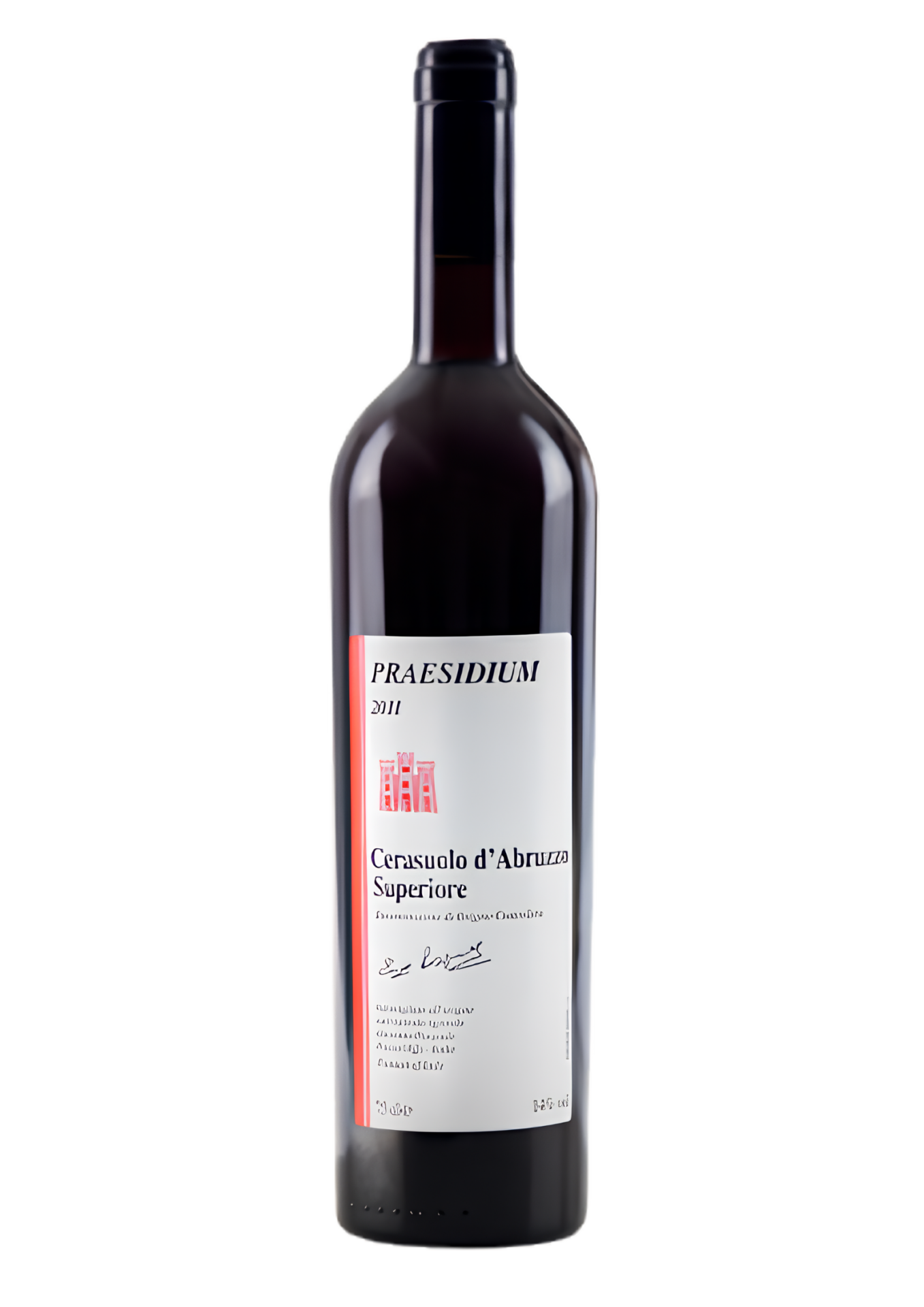 Bottiglia di vino rosato "Praesidium" 2011, Cerasuolo d'Abruzzo Superiore DOC, capsula scura, etichetta bianca con illustrazione di una torre rossa e firma manoscritta.