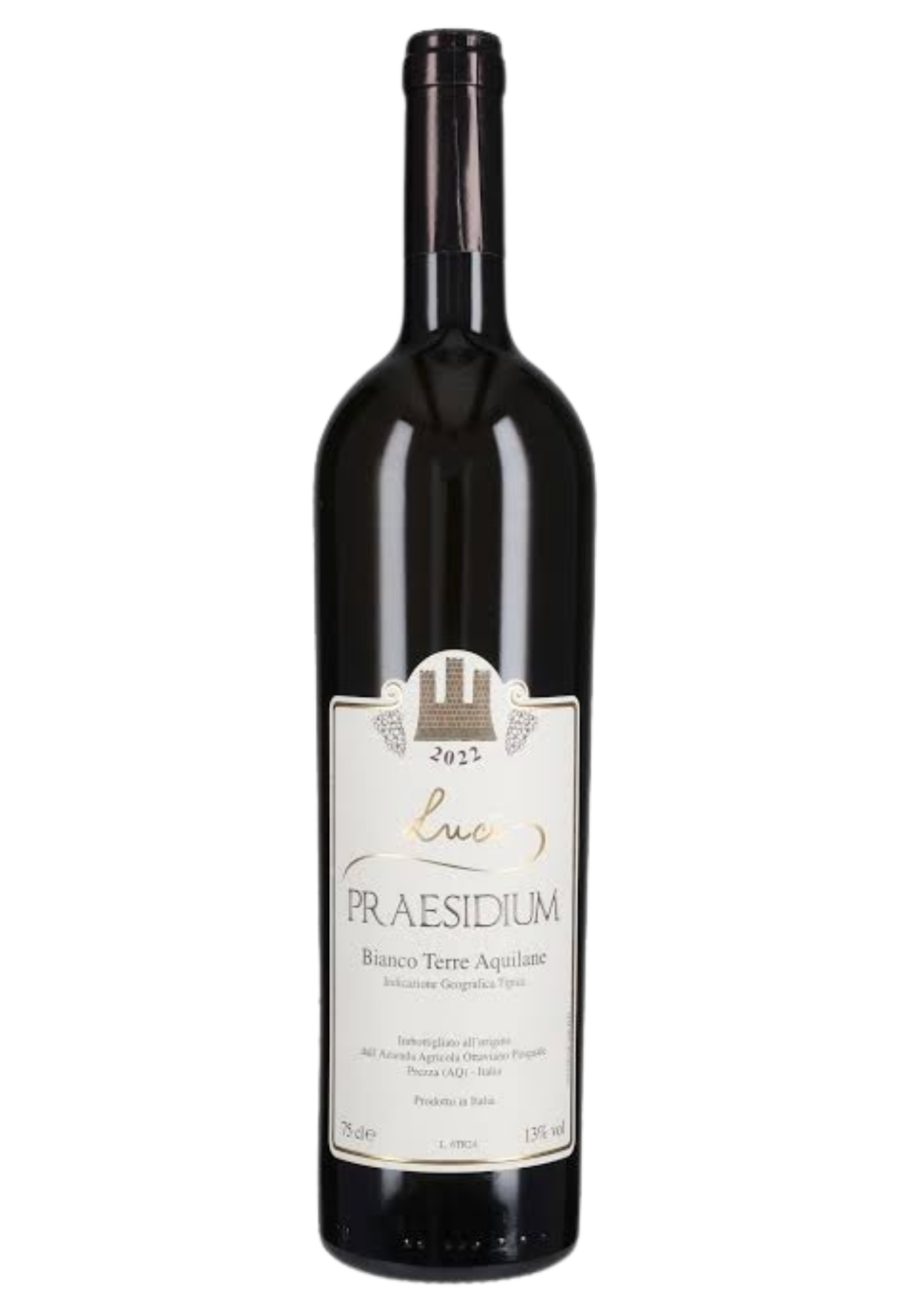 Bottiglia di vino bianco "Lucì" Praesidium 2022, Bianco Terre Aquilane IGT, capsula scura, etichetta avorio con stemma a torri e firma dorata in corsivo.