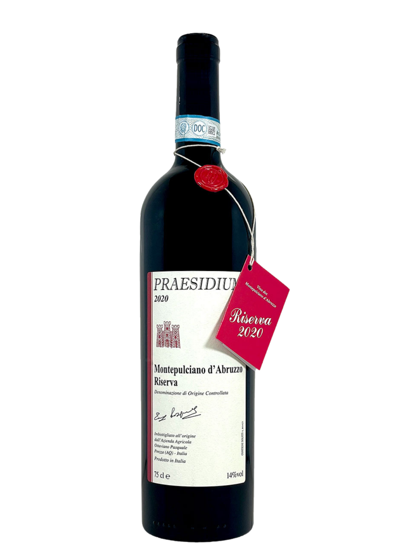 Bottiglia di vino rosso "Praesidium" 2020, Montepulciano d'Abruzzo Riserva DOC, capsula scura con fascetta blu, etichetta bianca con stemma a torri rosso, sigillo di ceralacca rossa e cartellino "Riserva 2020" appeso al collo.