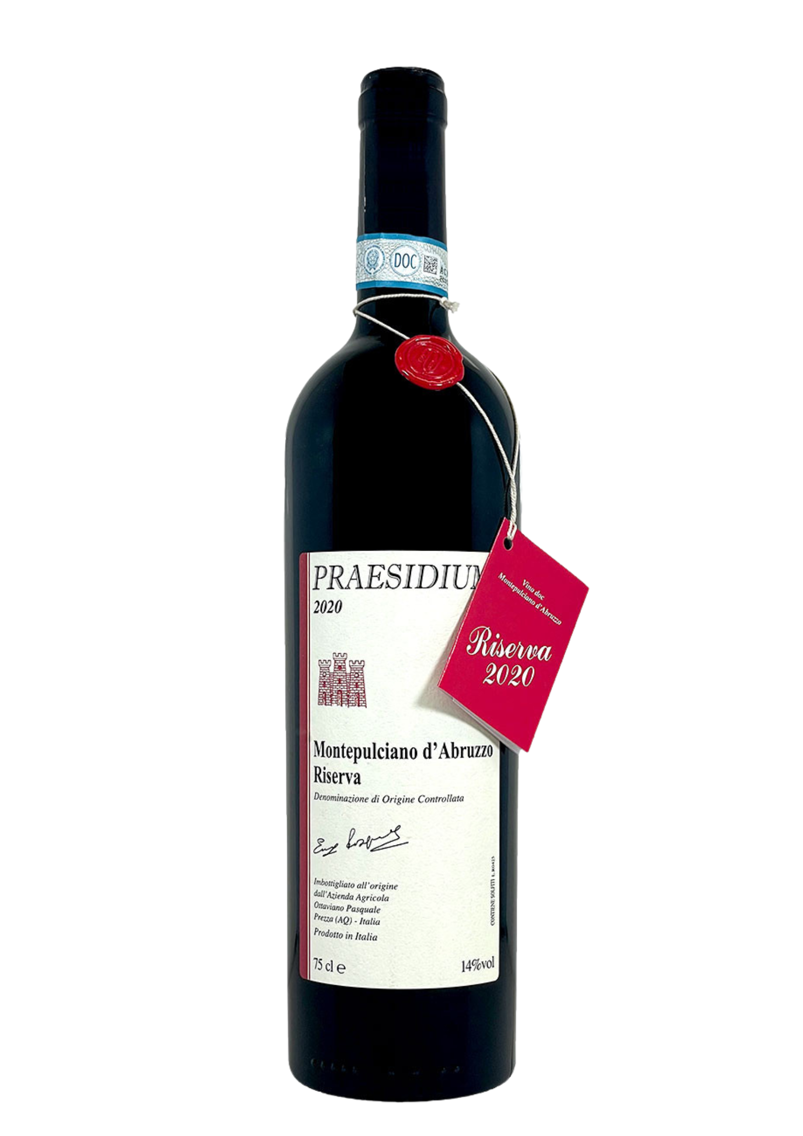 Bottiglia di vino rosso "Praesidium" 2020, Montepulciano d'Abruzzo Riserva DOC, capsula scura con fascetta blu, etichetta bianca con stemma a torri rosso, sigillo di ceralacca rossa e cartellino "Riserva 2020" appeso al collo.